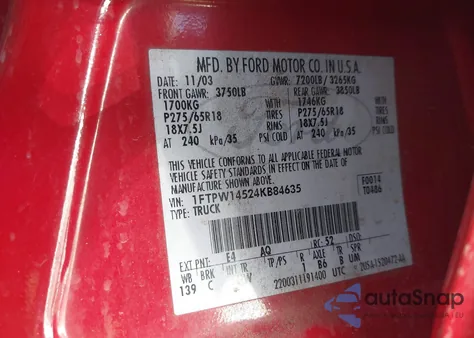 2004 Ford F-150 Fx4/Lariat/Xlt z USA, uszkodzony, nr VIN 1FTPW14524KB84635